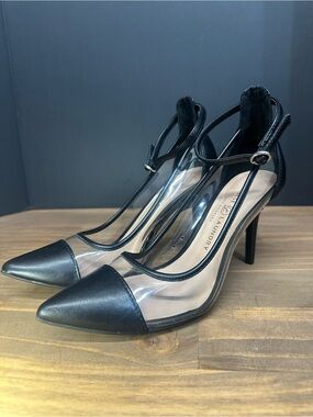 Chinese Laundry Black Pointed-Toe Clear Panel Ankle-Strap Heels